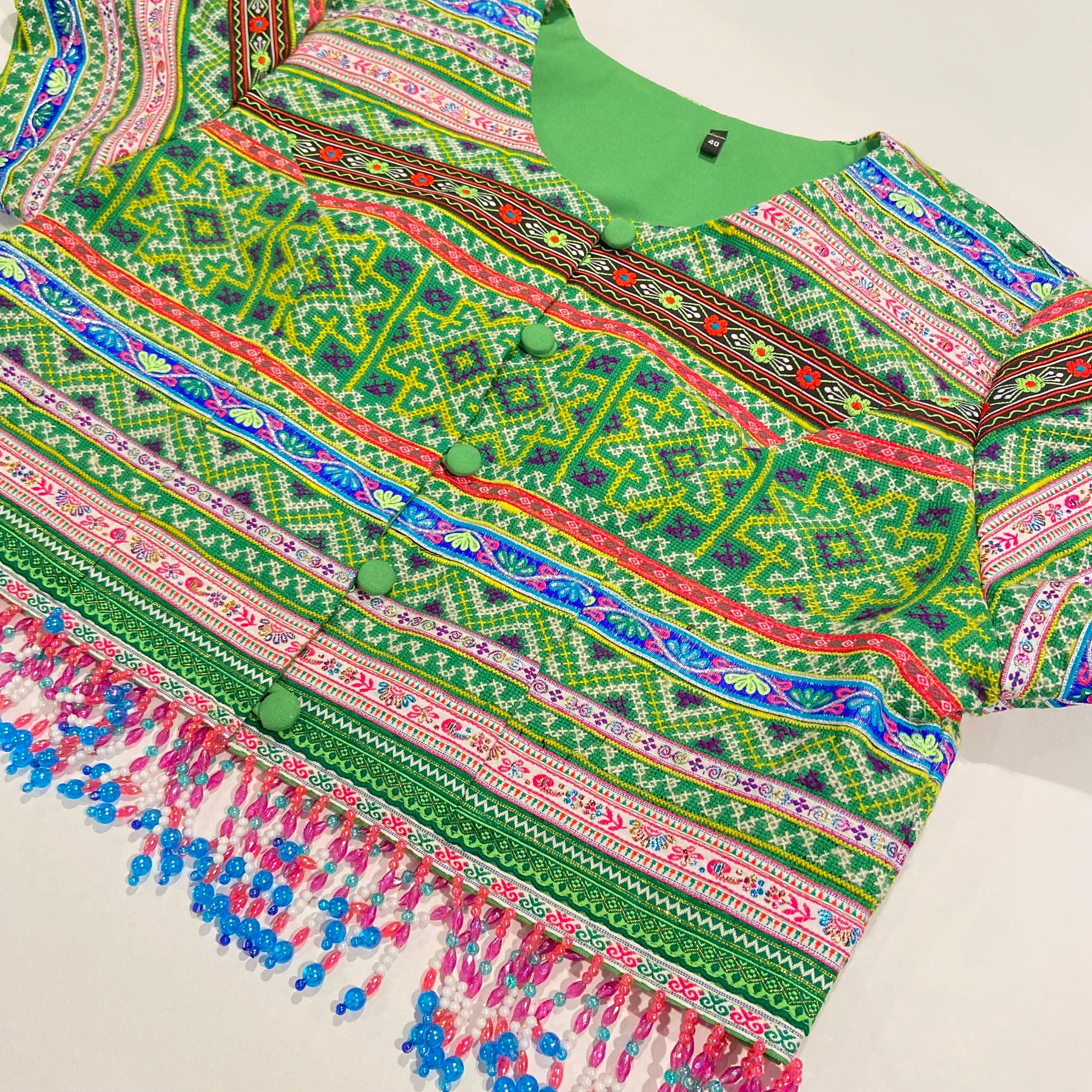 Beaded Embroidery Crop Top - Green/Pink 40