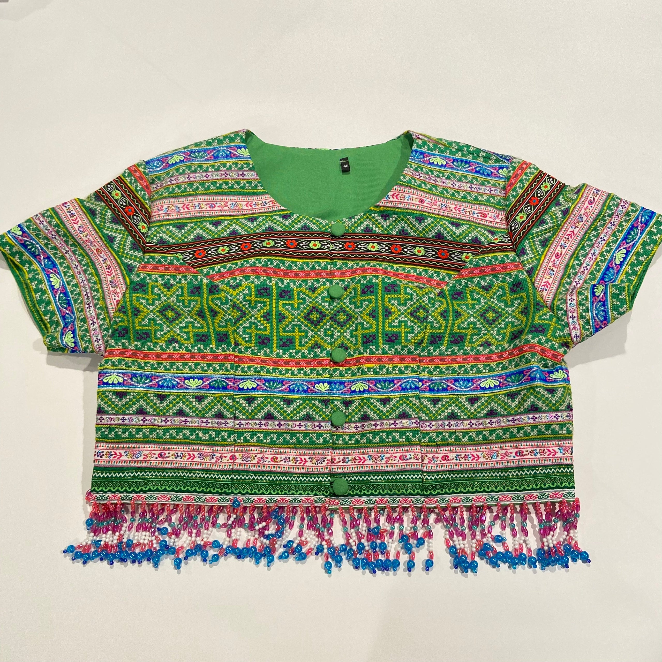 Beaded Embroidery Crop Top - Green/Pink 40
